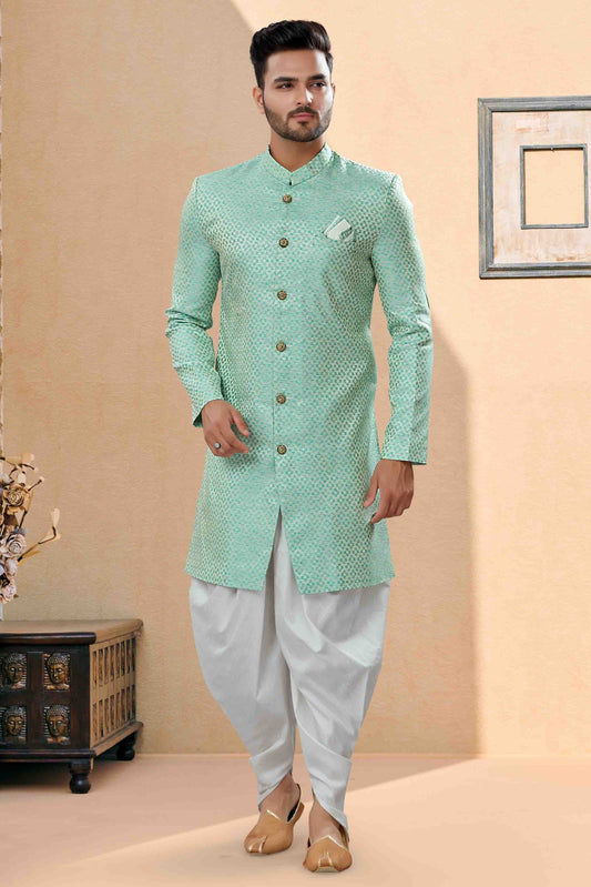 Green Colour Dhoti Sherwani In Banarasi Jacquard Fabric SH1040435