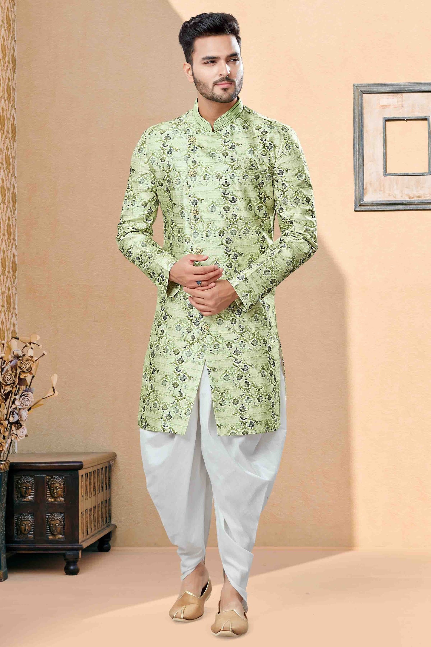 Green Colour Dhoti Sherwani In Jacquard Fabric SH1040389
