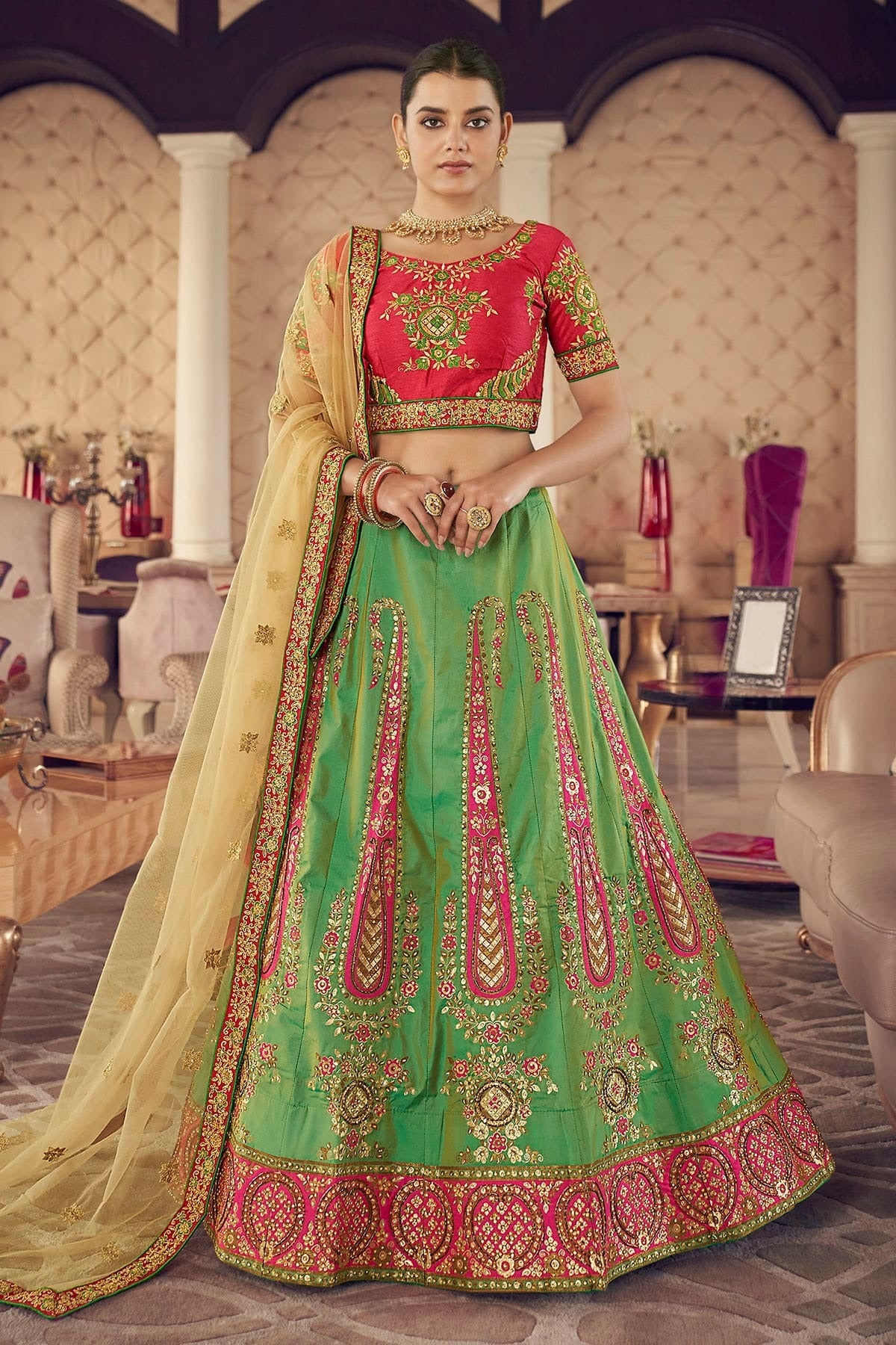 Green Colour Embroidery Art Silk Lehenga Choli LD1080790