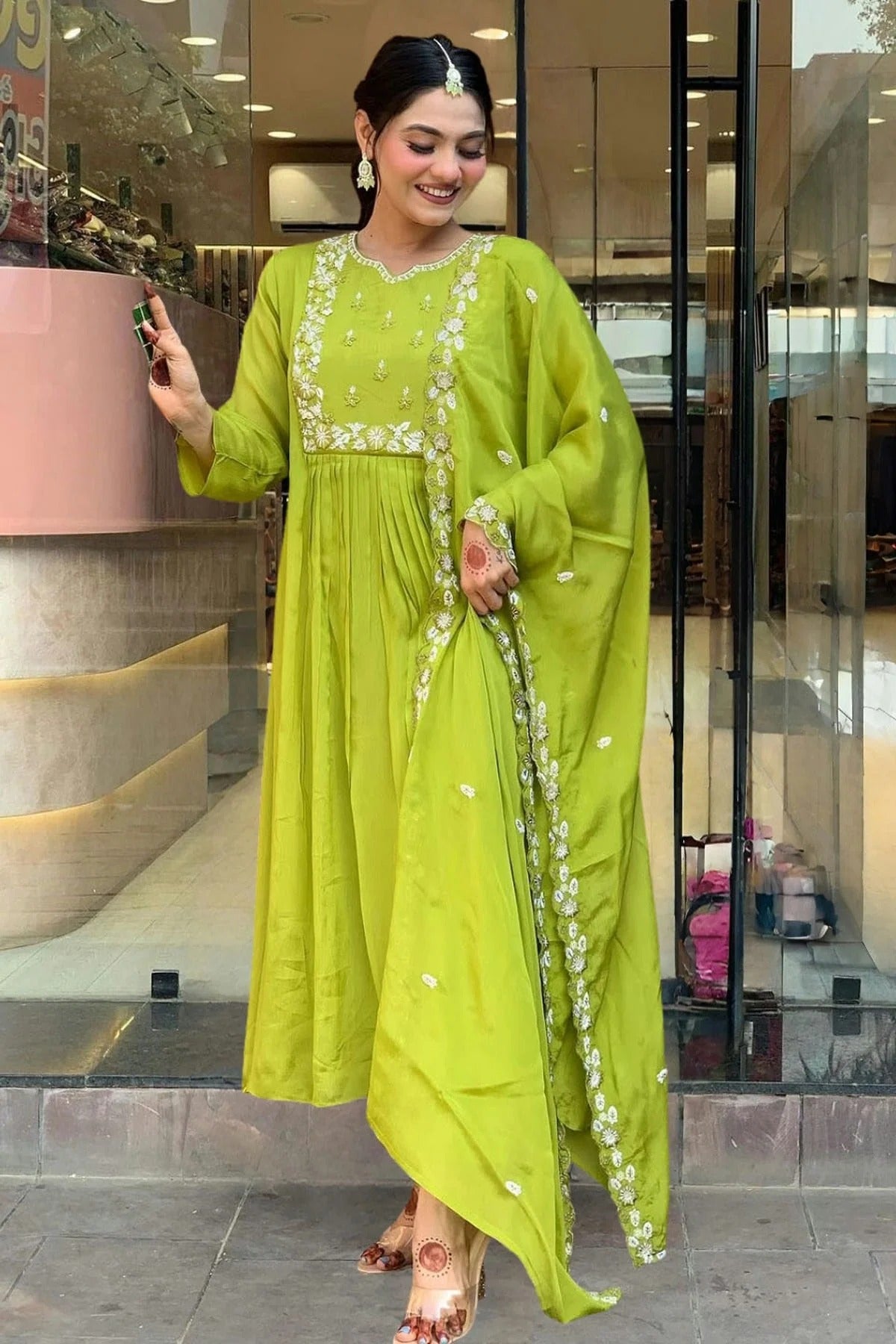 Green Colour Embroidery Chinon Stitched Suit SS1112447 A