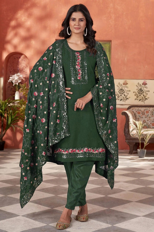 Green Colour Embroidery Georgette Stitched Suit SS1112506