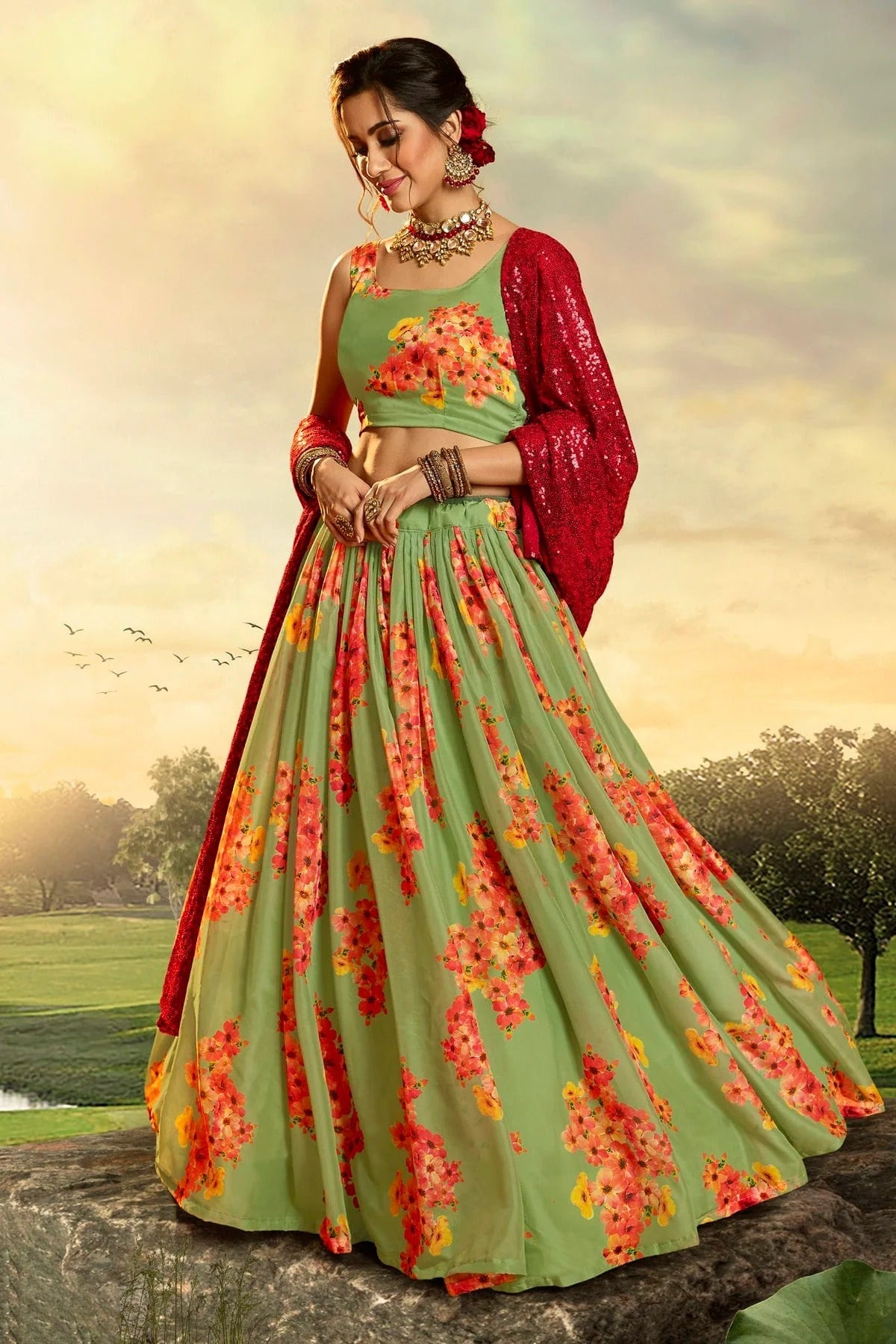 Green Colour Embroidery Organza Lehenga Choli LD1080684 A