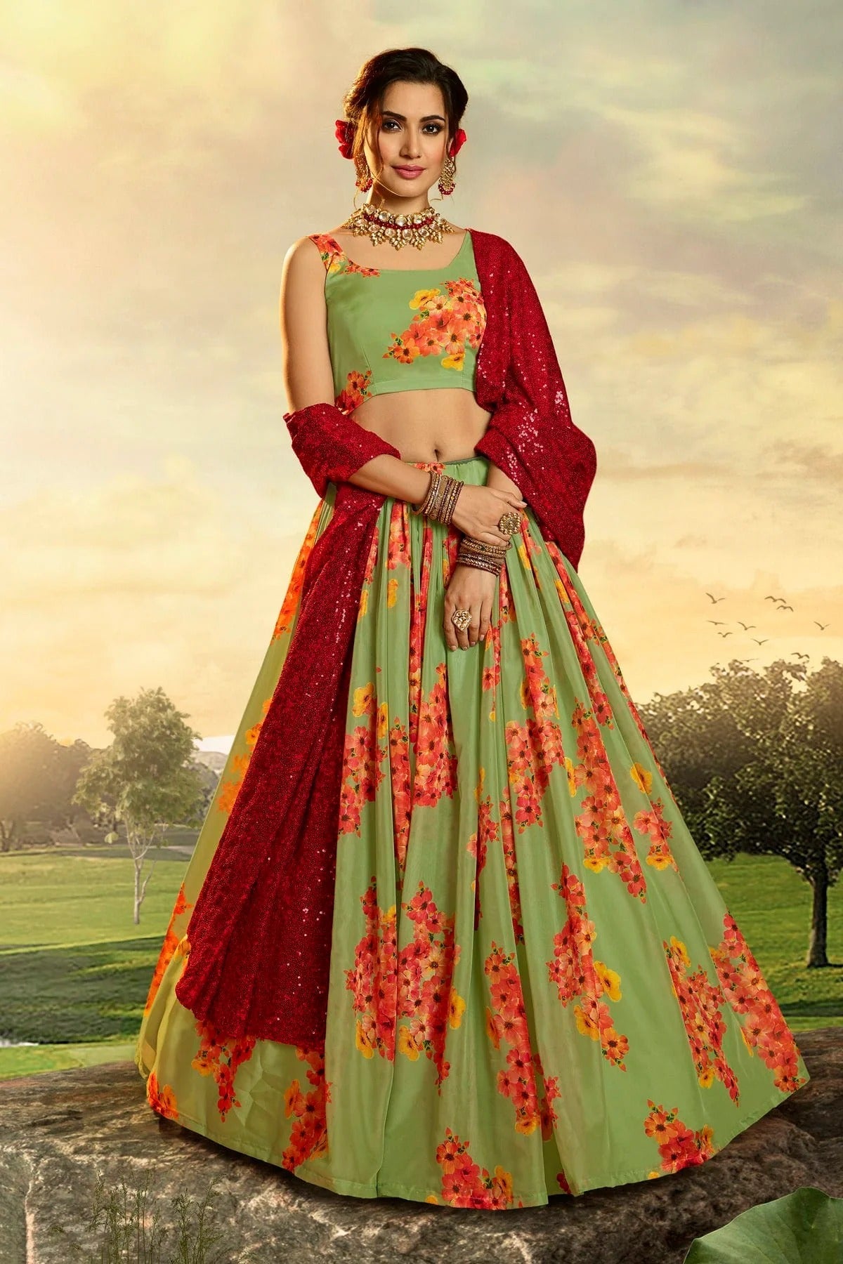 Green Colour Embroidery Organza Lehenga Choli LD1080684