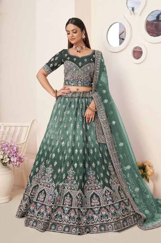 Green Colour Embroidery Satin Lehenga Choli LD1080858