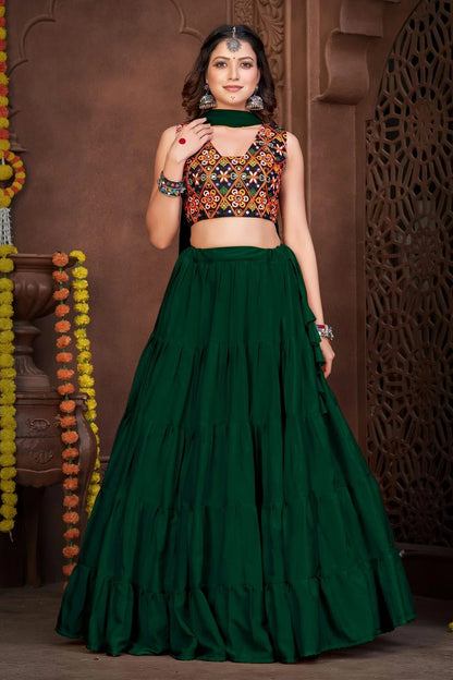 Green Colour Embroidery Work French Crepe Navratri Lehenga LD1170006