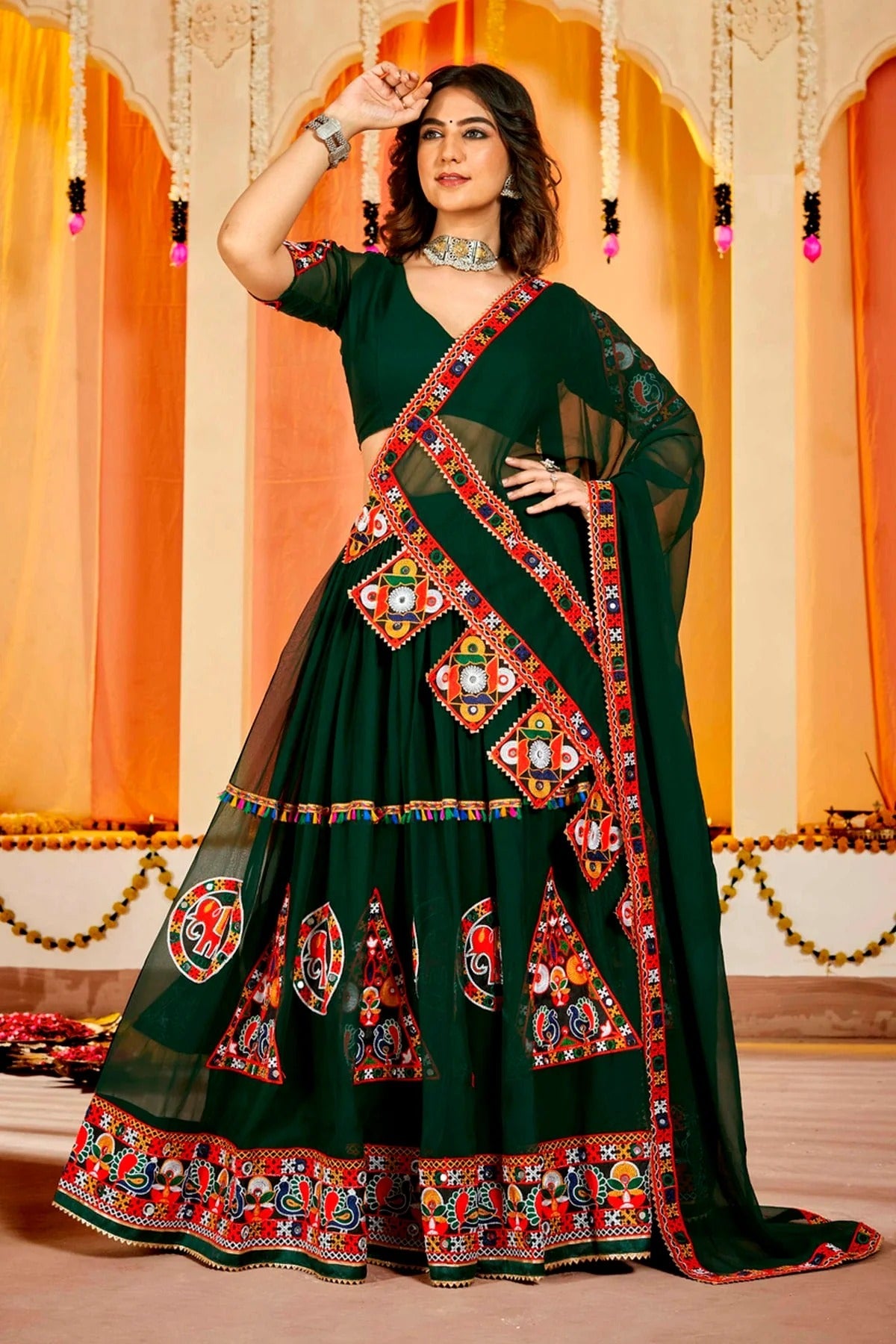 Green Colour Embroidery Work Georgette Navratri Lehenga LD1170015