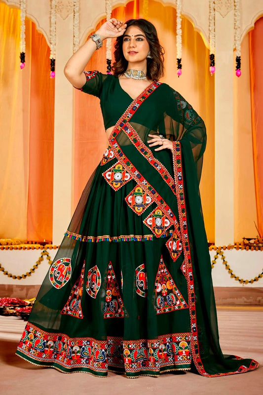 Green Colour Embroidery Work Georgette Navratri Lehenga LD1170015