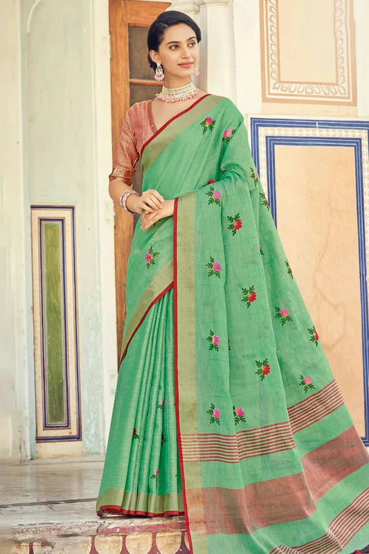 Green Colour Embroidery Work Linen Saree SD1101367