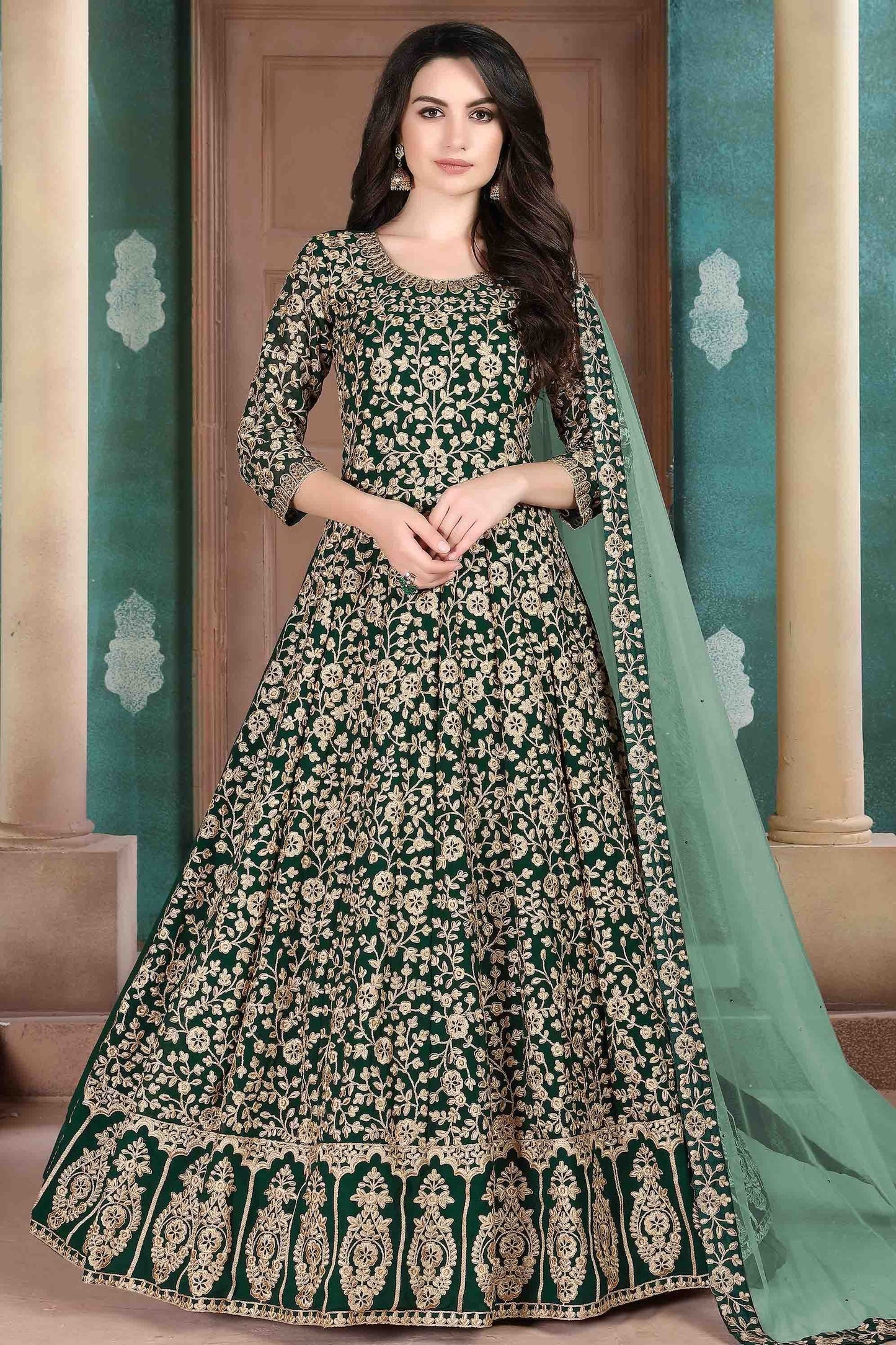 Green Colour Faux Georgette Semi Stitched Anarkali Suit SM1050262