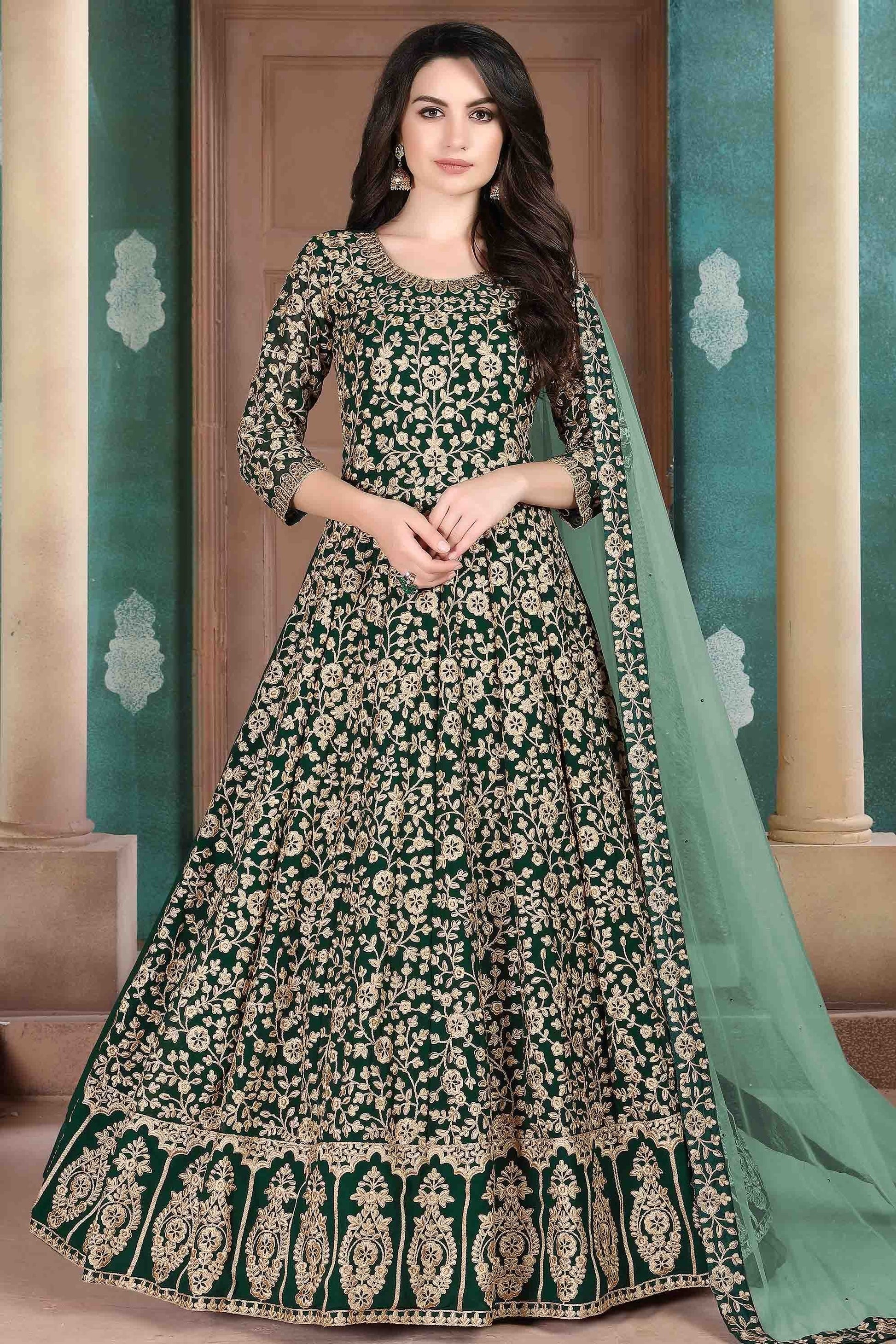 Green Colour Faux Georgette Semi Stitched Anarkali Suit SM1050262