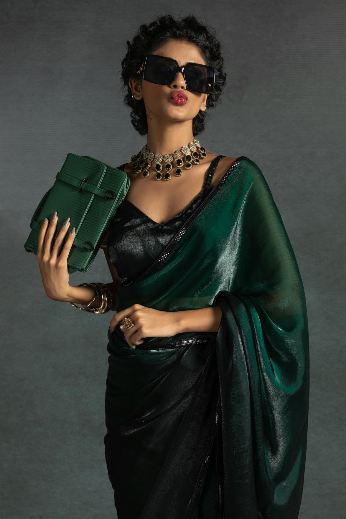 Green Colour Fendi Satin Silk Ready To Wear Saree