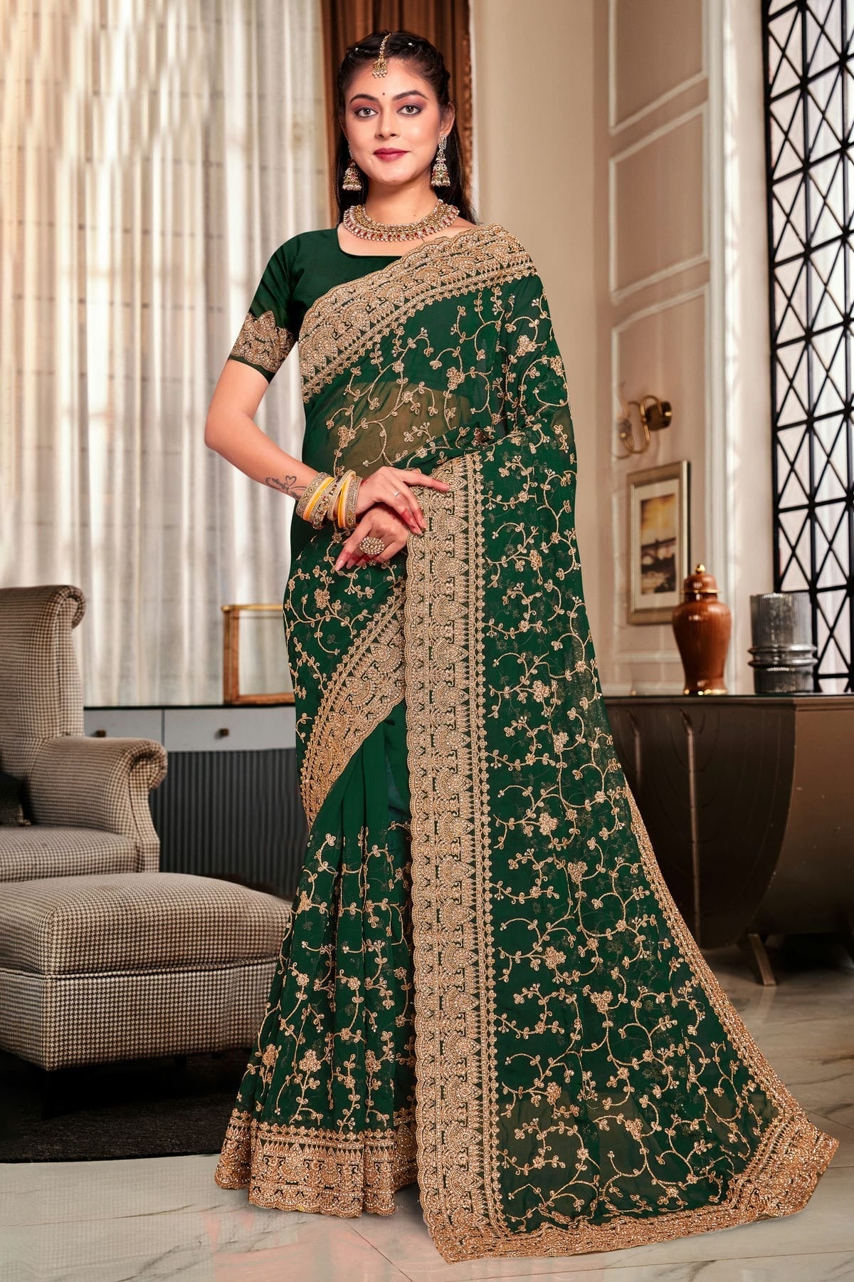 Green Colour Georgette Designer Saree LC1121726