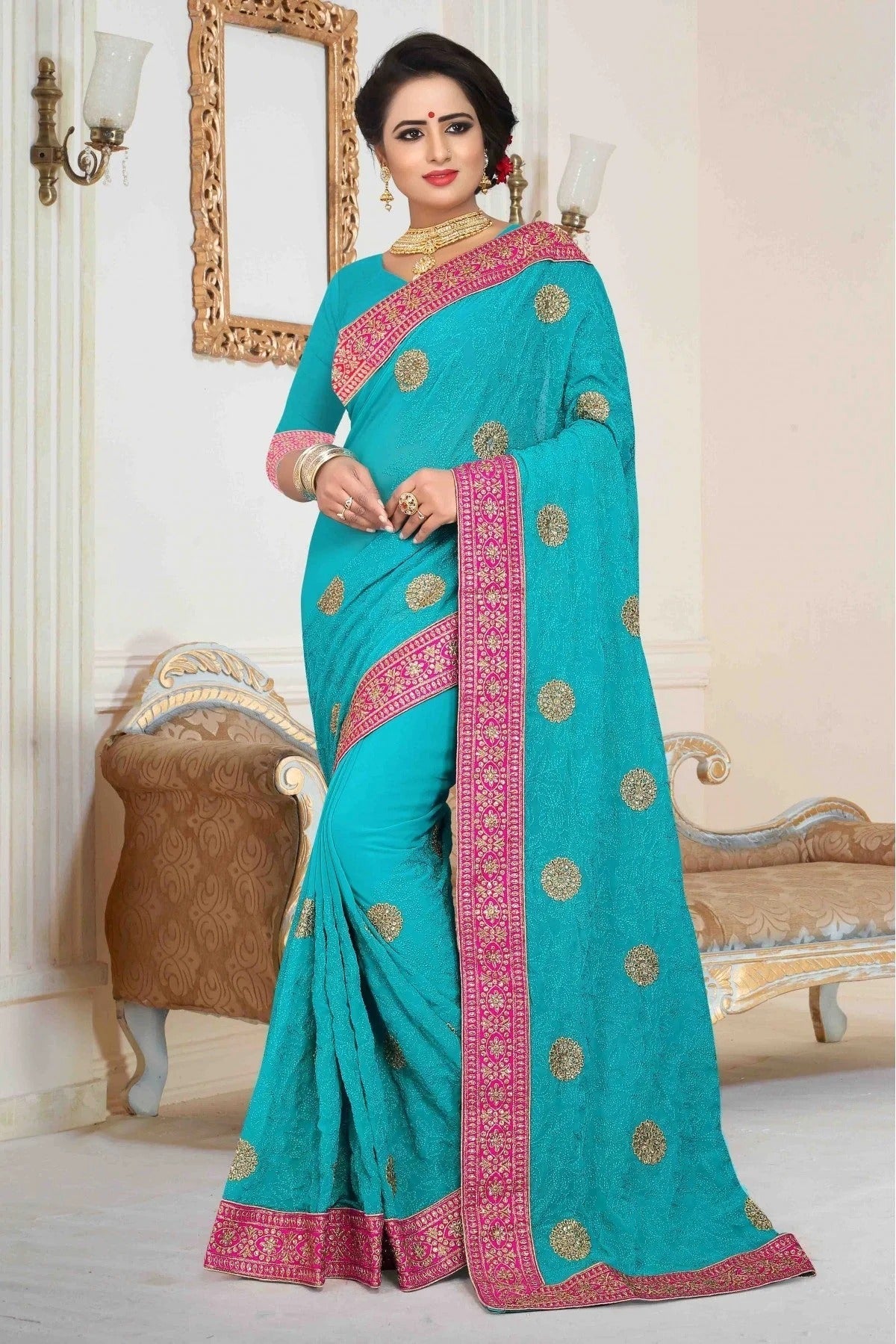 Green Colour Georgette Embroidered Saree SD1120014