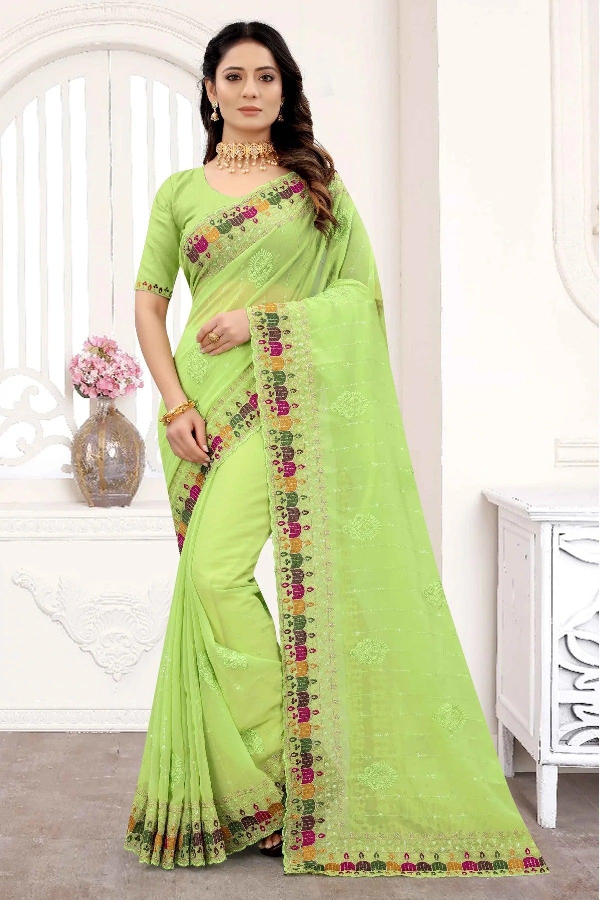 Green Colour Georgette Embroidery Saree SD1090286
