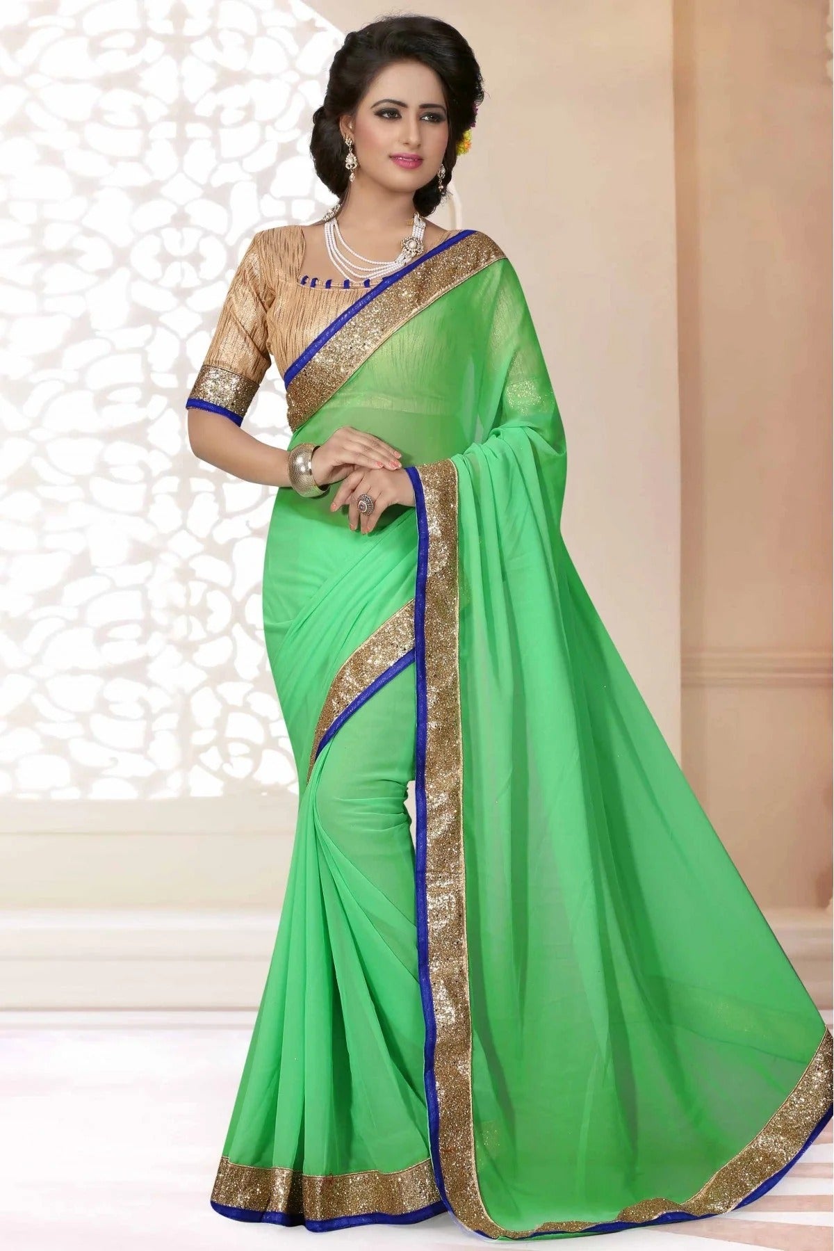 Green Colour Georgette Lace Work Saree SD1120567