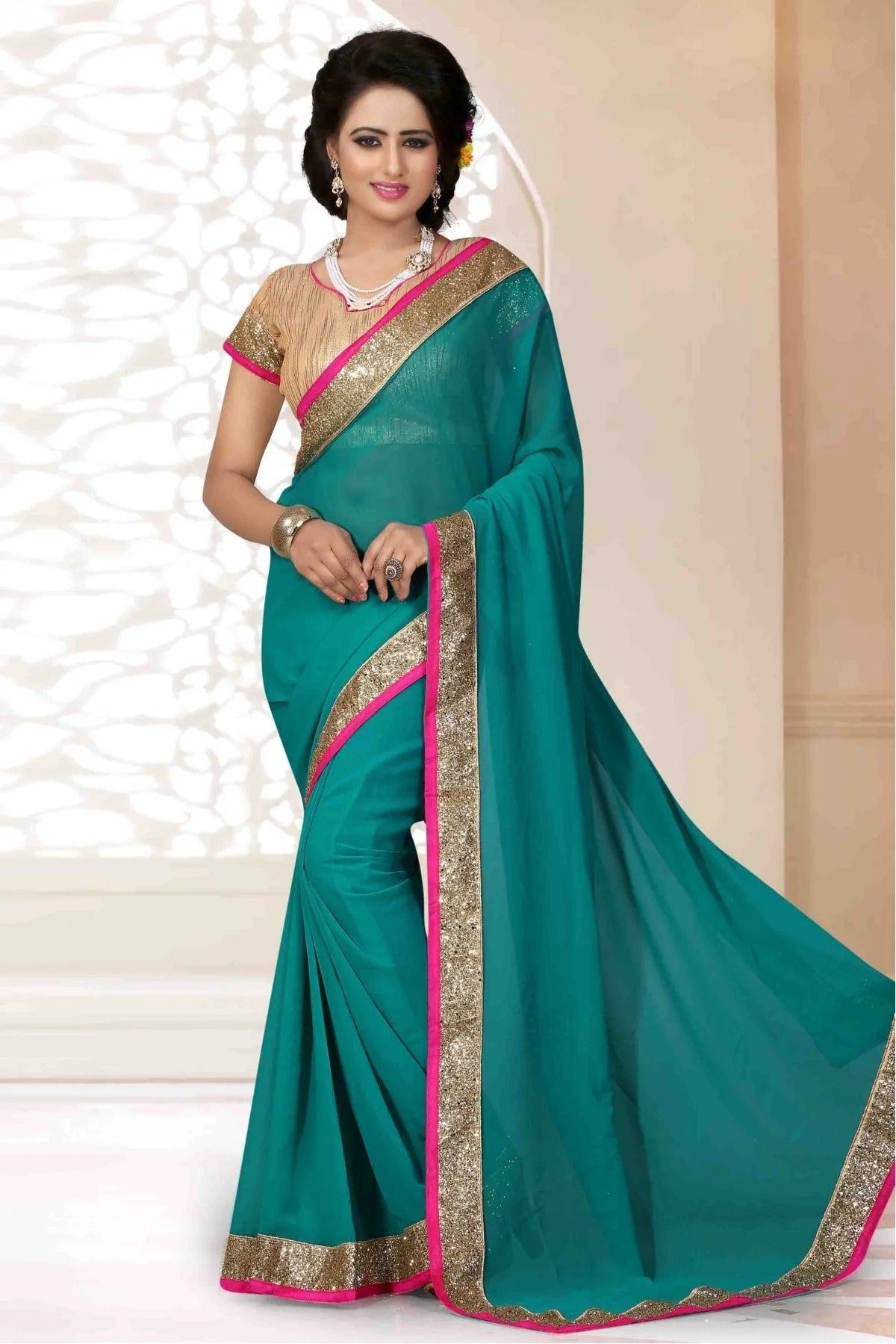 Green Colour Georgette Lace Work Saree SD1120568