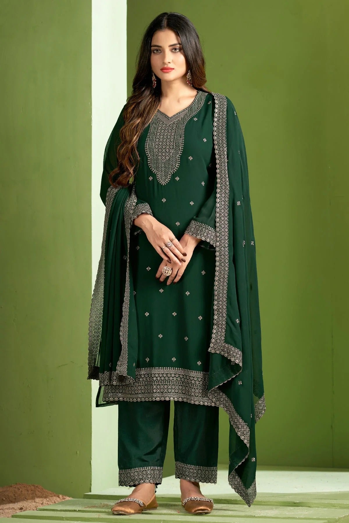 Green Colour Georgette Pant Style Suit SM1110648
