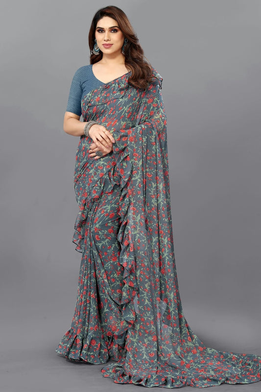 Green Colour Georgette Ruffle Saree SD1180112