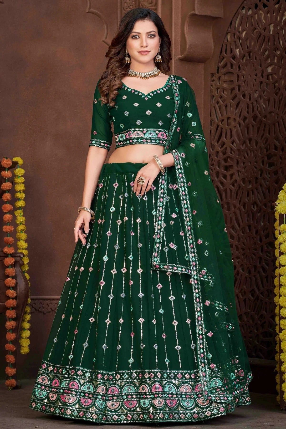 Green Colour Georgette Semi Stitched Lehenga Choli LC1170046