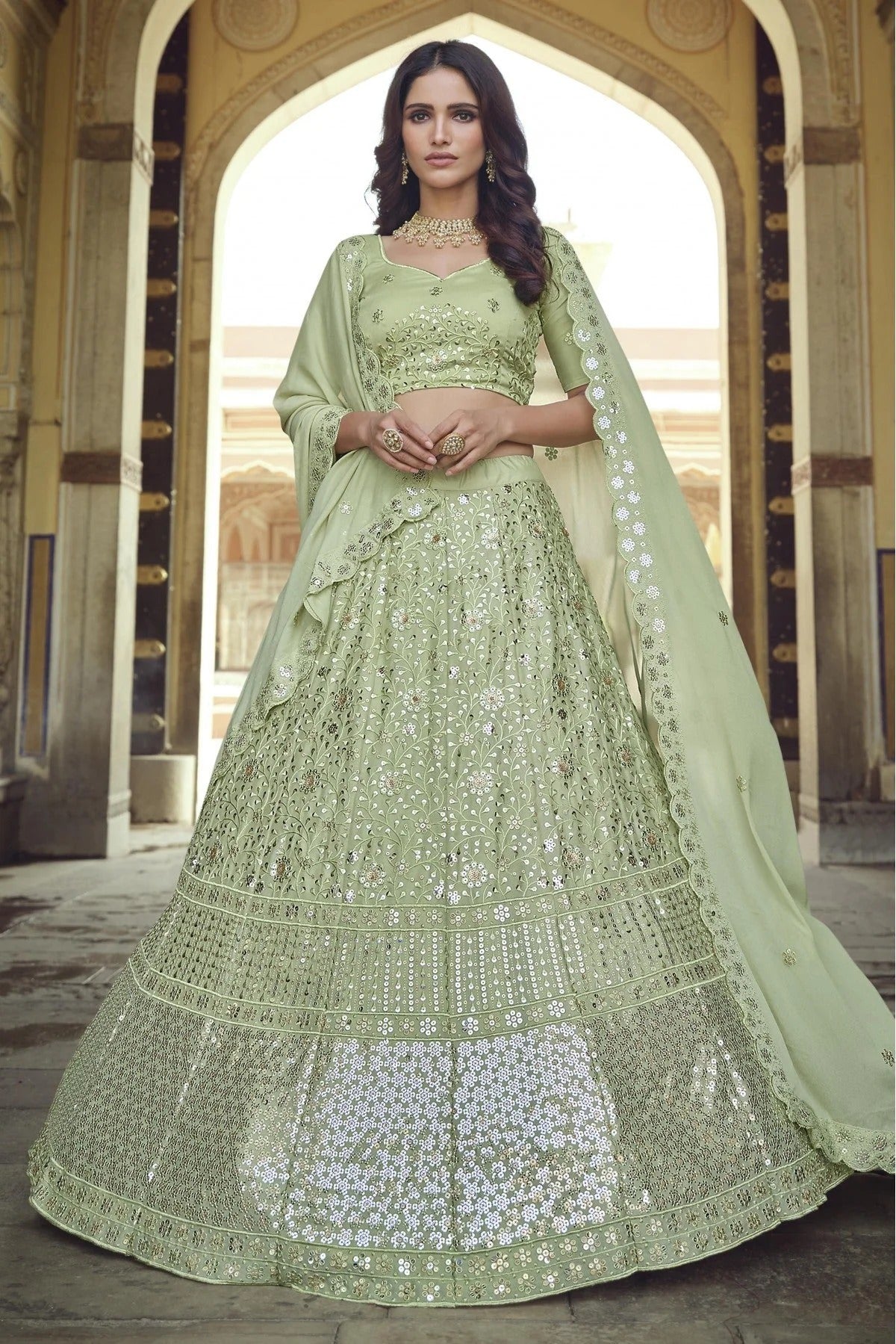 Green Colour Georgette Sequins Work Lehenga Choli LC1080560
