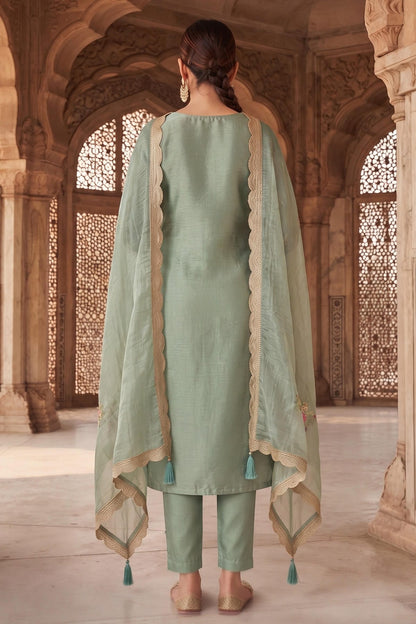 Green Colour Gold Silk Embroidery Work Pant Style Suit