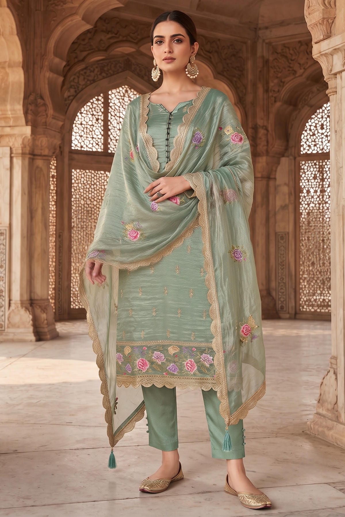 Green Colour Gold Silk Embroidery Work Pant Style Suit