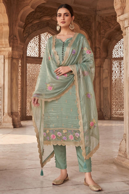 Green Colour Gold Silk Embroidery Work Pant Style Suit