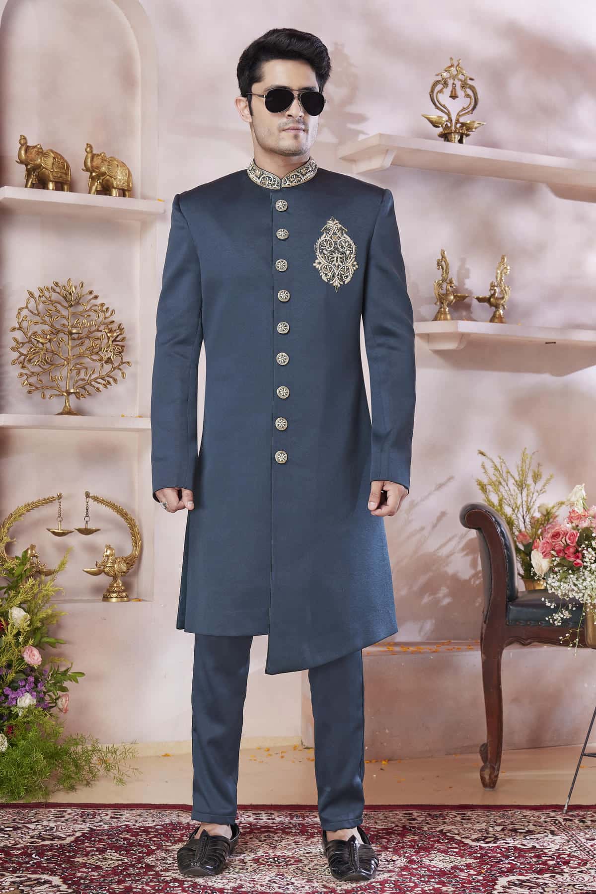 Green Colour Imported Embroidery Work Sherwani