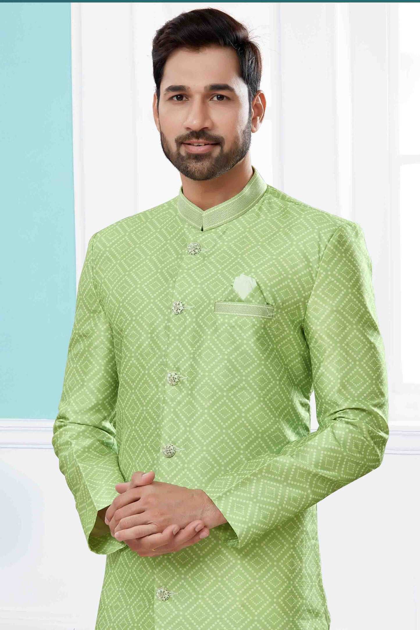 Green Colour Indo Western In Jacquard Fabric SH1040449 A