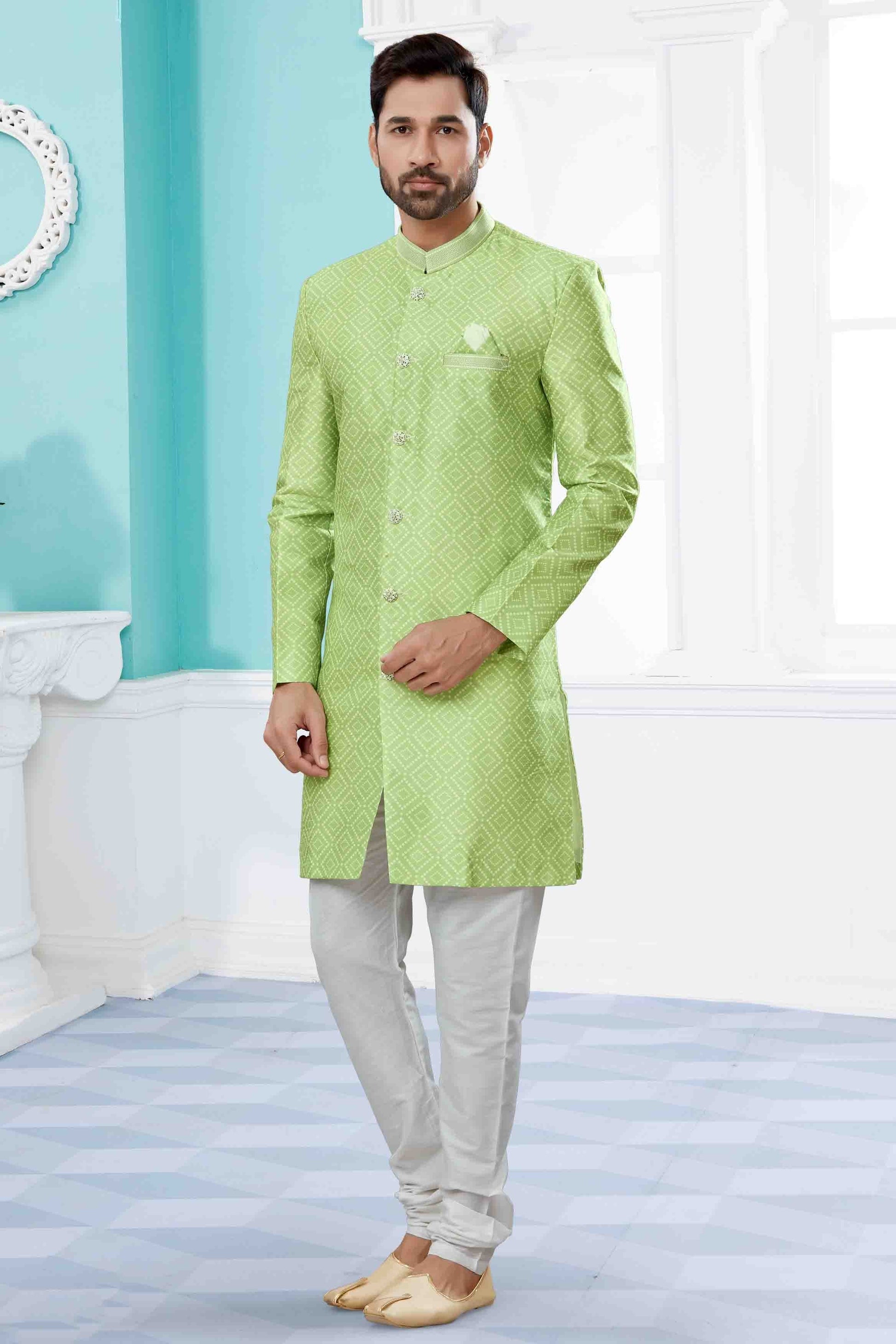 Green Colour Indo Western In Jacquard Fabric SH1040449