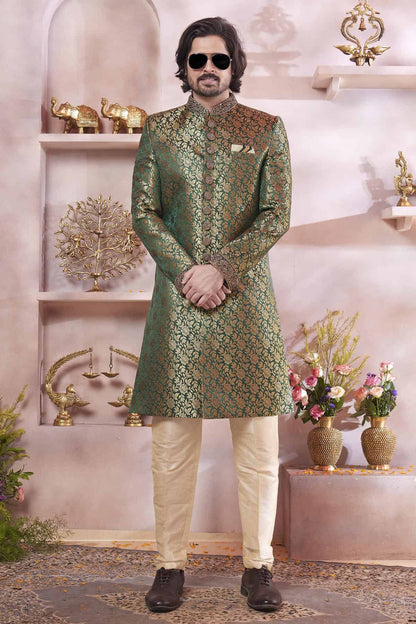 Green Colour Jacquard Banarasi Silk Embroidery Work Sherwani