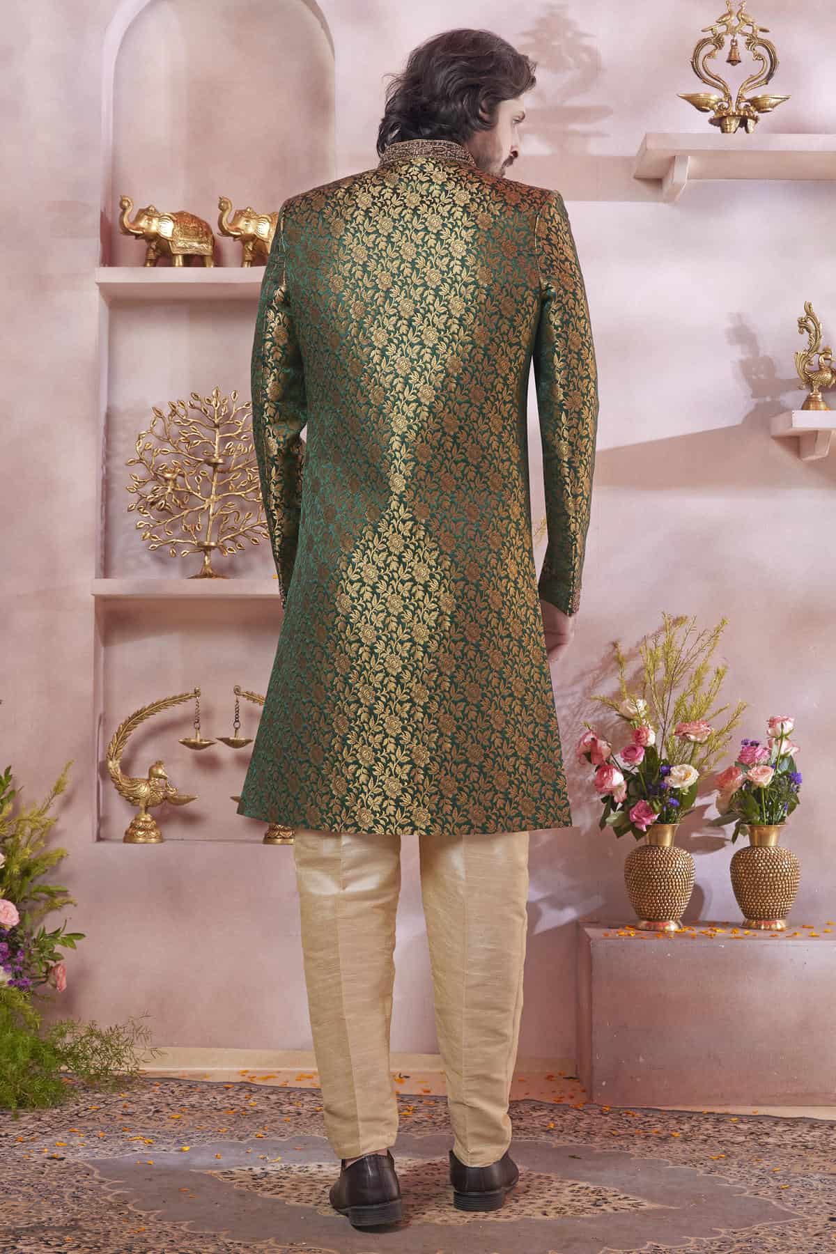 Green Colour Jacquard Banarasi Silk Embroidery Work Sherwani