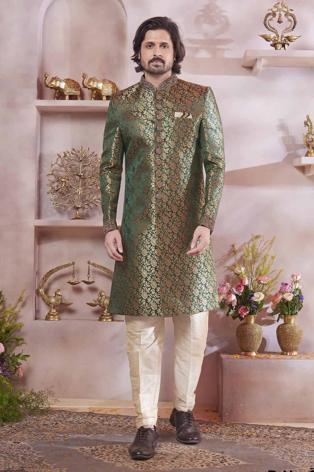 Green Colour Jacquard Banarasi Silk Embroidery Work Sherwani