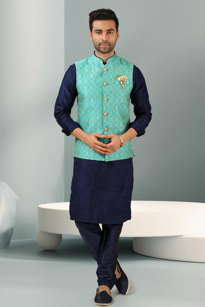Green Colour Jacquard Banarasi Silk Woven Work Kurta Pajama With Jacket