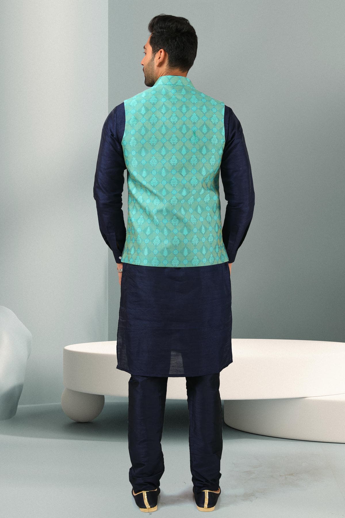 Green Colour Jacquard Banarasi Silk Woven Work Kurta Pajama With Jacket