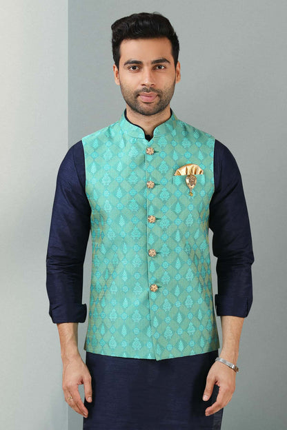 Green Colour Jacquard Banarasi Silk Woven Work Kurta Pajama With Jacket