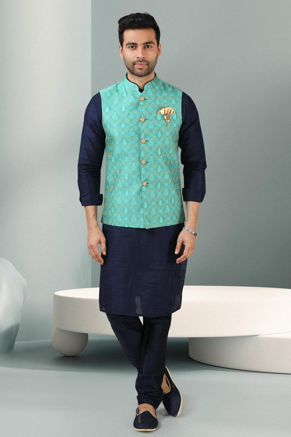 Green Colour Jacquard Banarasi Silk Woven Work Kurta Pajama With Jacket