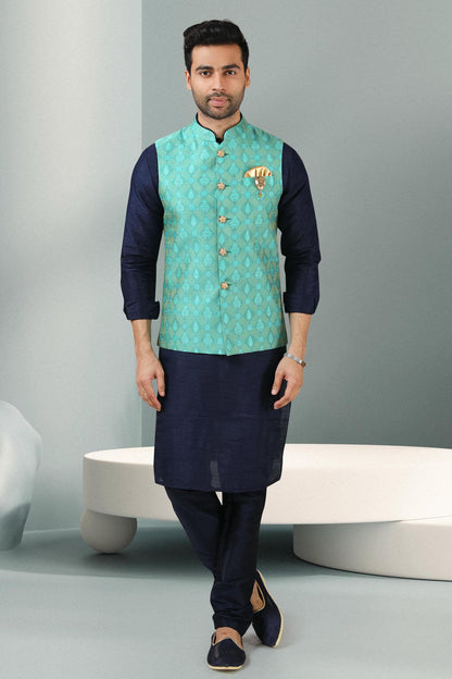 Green Colour Jacquard Banarasi Silk Woven Work Kurta Pajama With Jacket