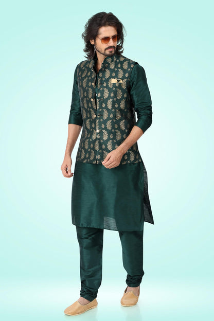 Green Colour Jacquard Banarasi Silk Woven Work Kurta Pajama With Jacket