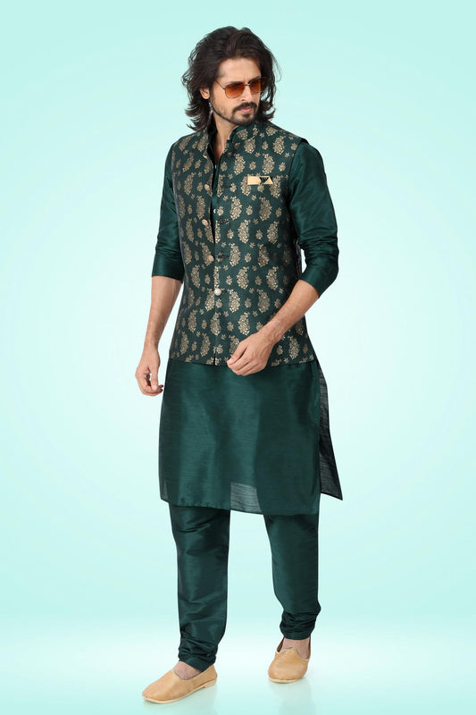Green Colour Jacquard Banarasi Silk Woven Work Kurta Pajama With Jacket