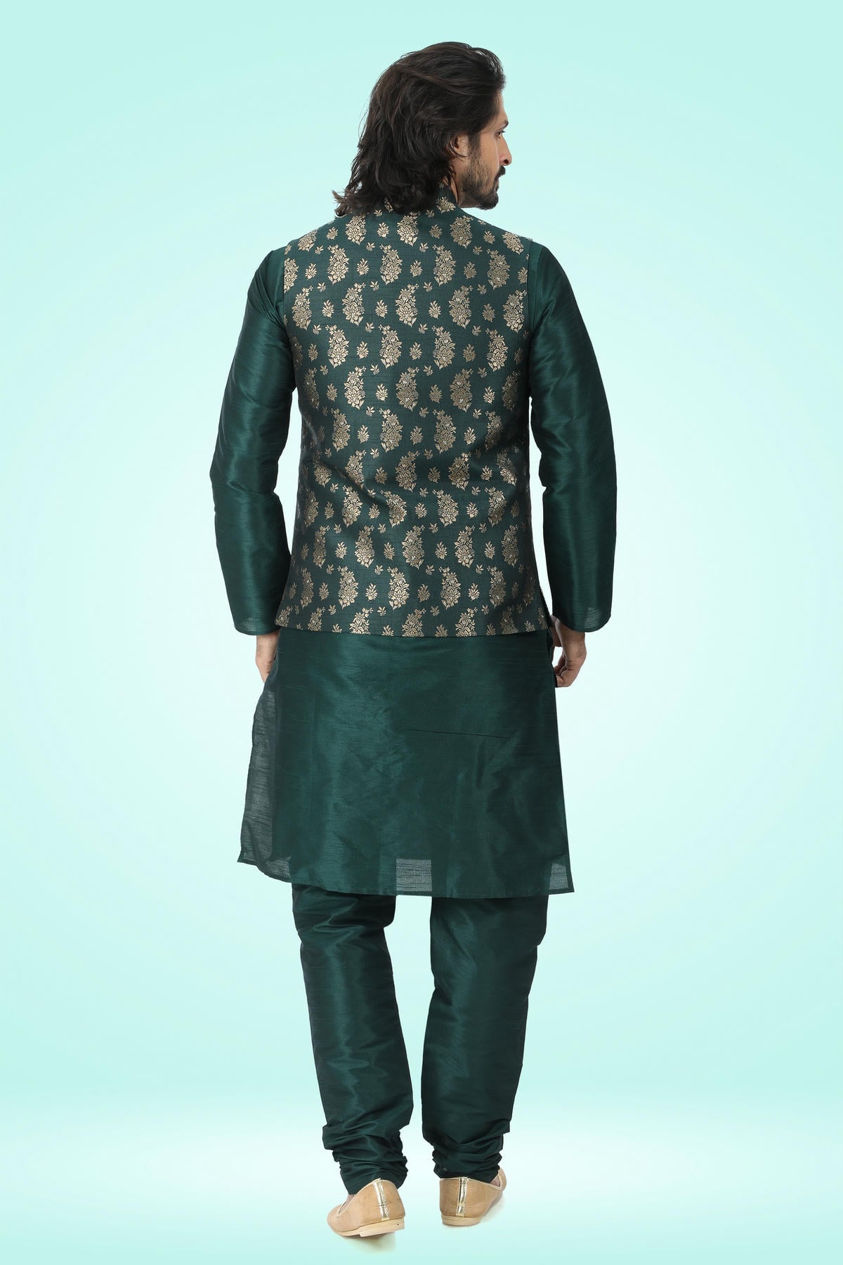 Green Colour Jacquard Banarasi Silk Woven Work Kurta Pajama With Jacket