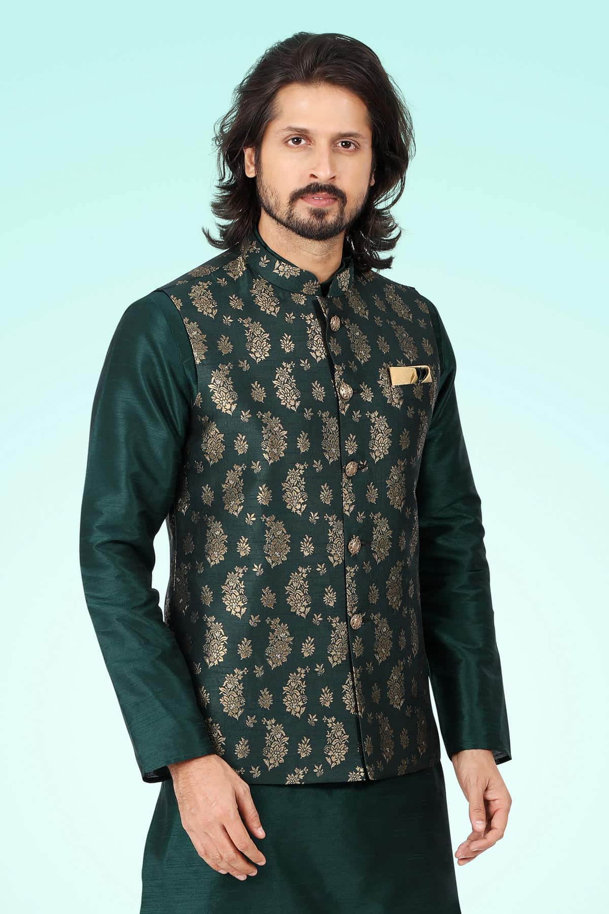Green Colour Jacquard Banarasi Silk Woven Work Kurta Pajama With Jacket