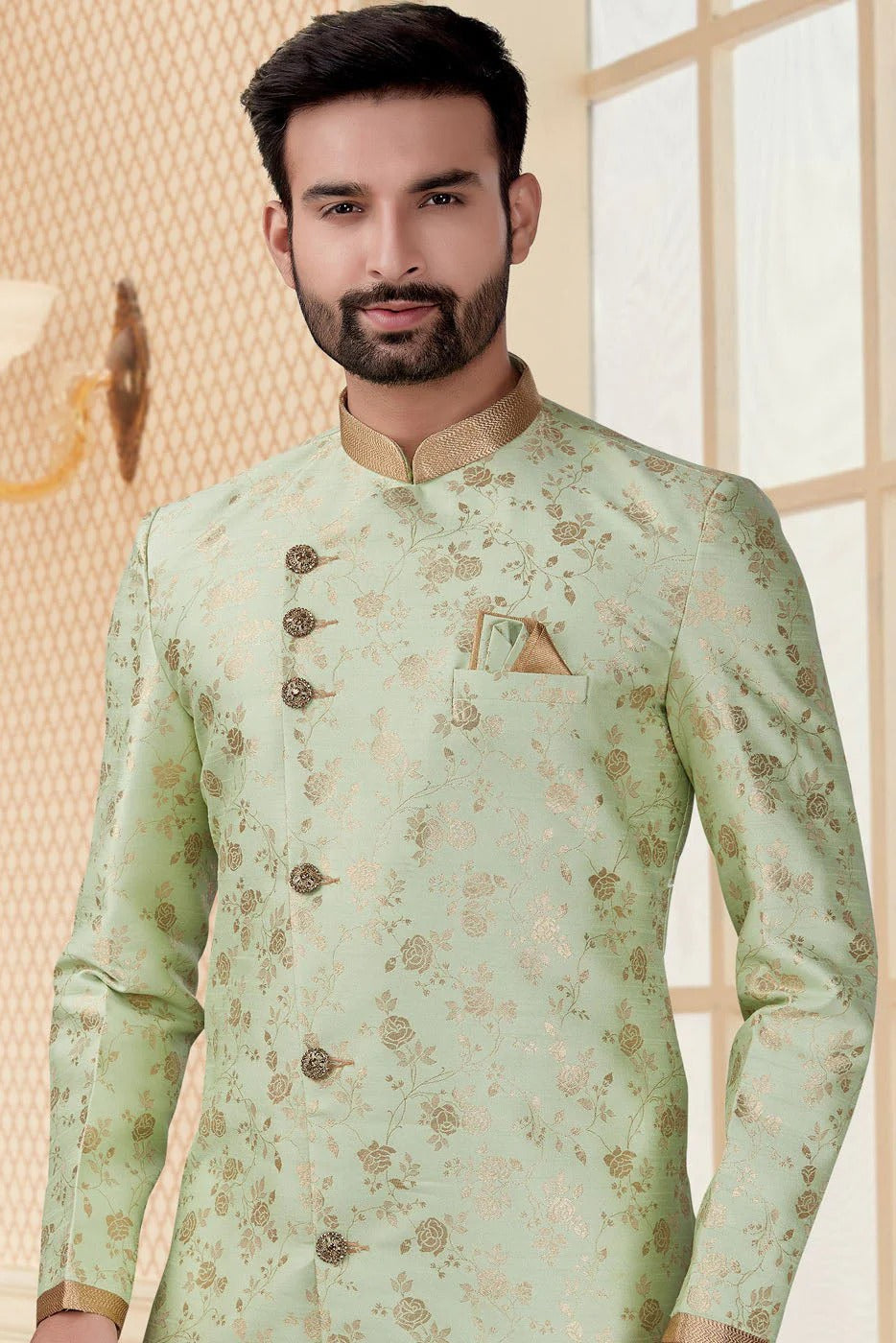 Green Colour Jacquard Dhoti Sherwani SH1040262 A