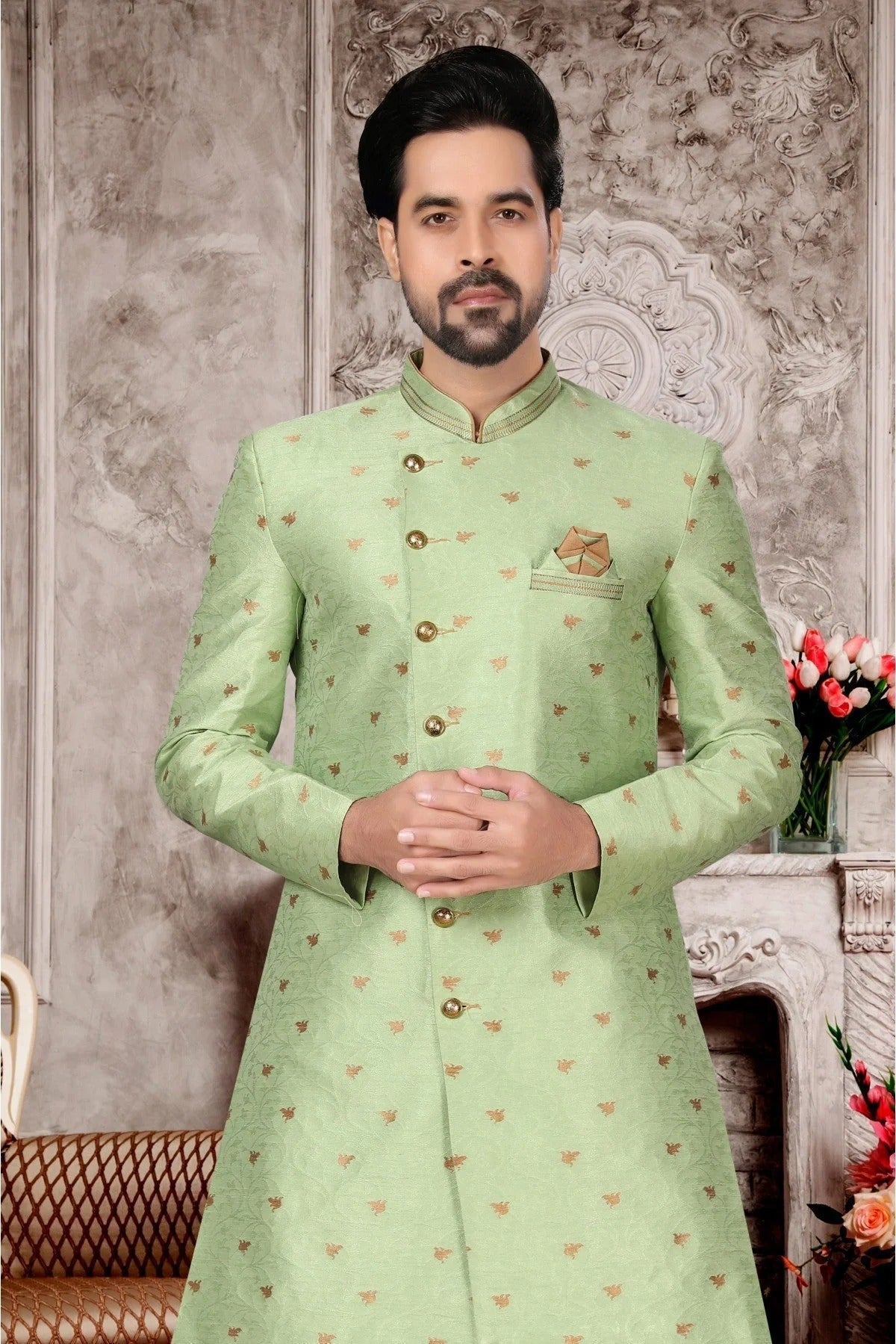 Green Colour Jacquard Dhoti Sherwani SH1040290 A