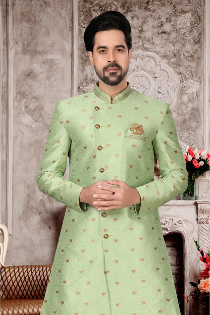 Green Colour Jacquard Dhoti Sherwani SH1040290 A