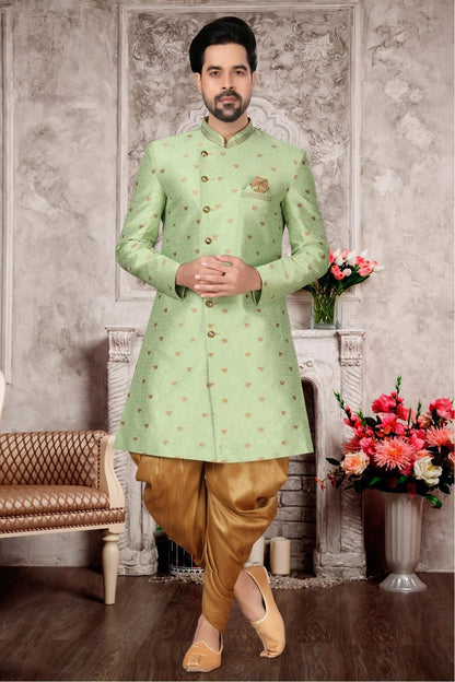 Green Colour Jacquard Dhoti Sherwani SH1040290
