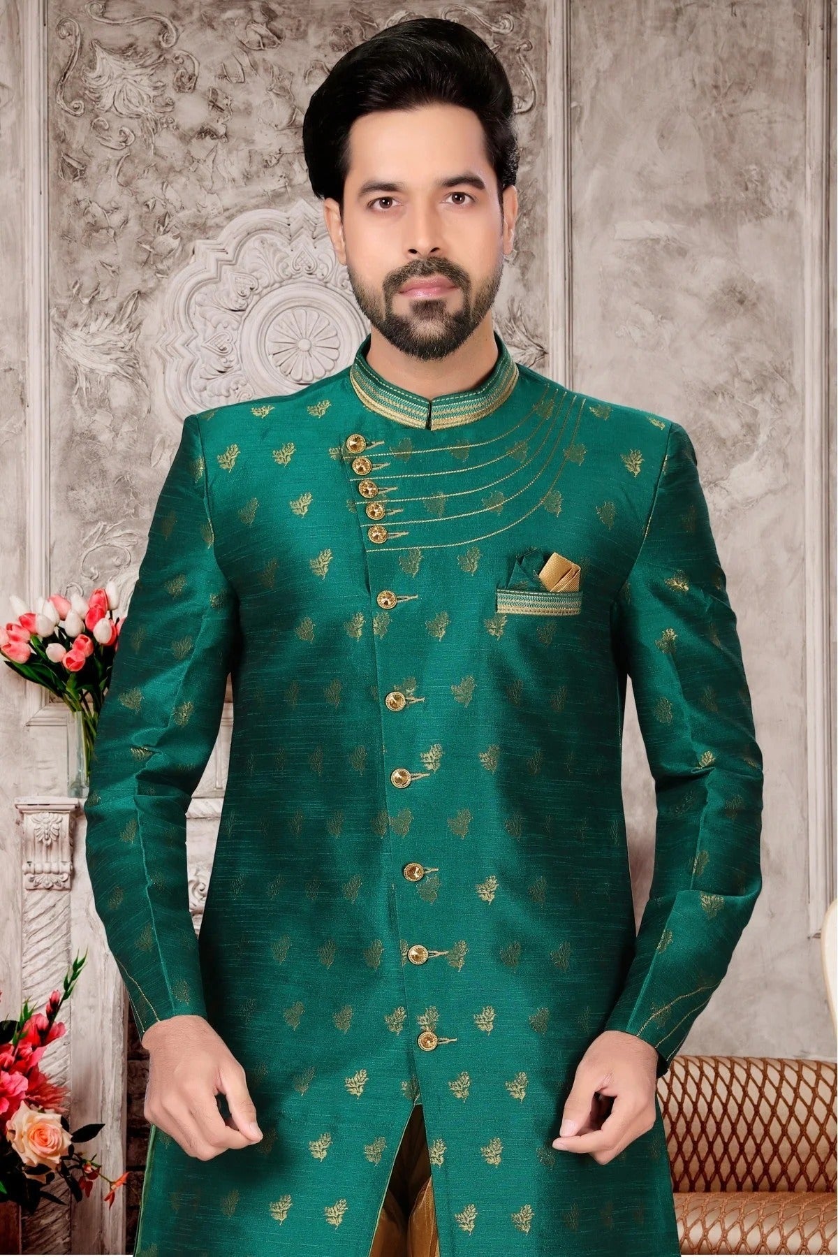 Green Colour Jacquard Dhoti Sherwani SH1040303 A