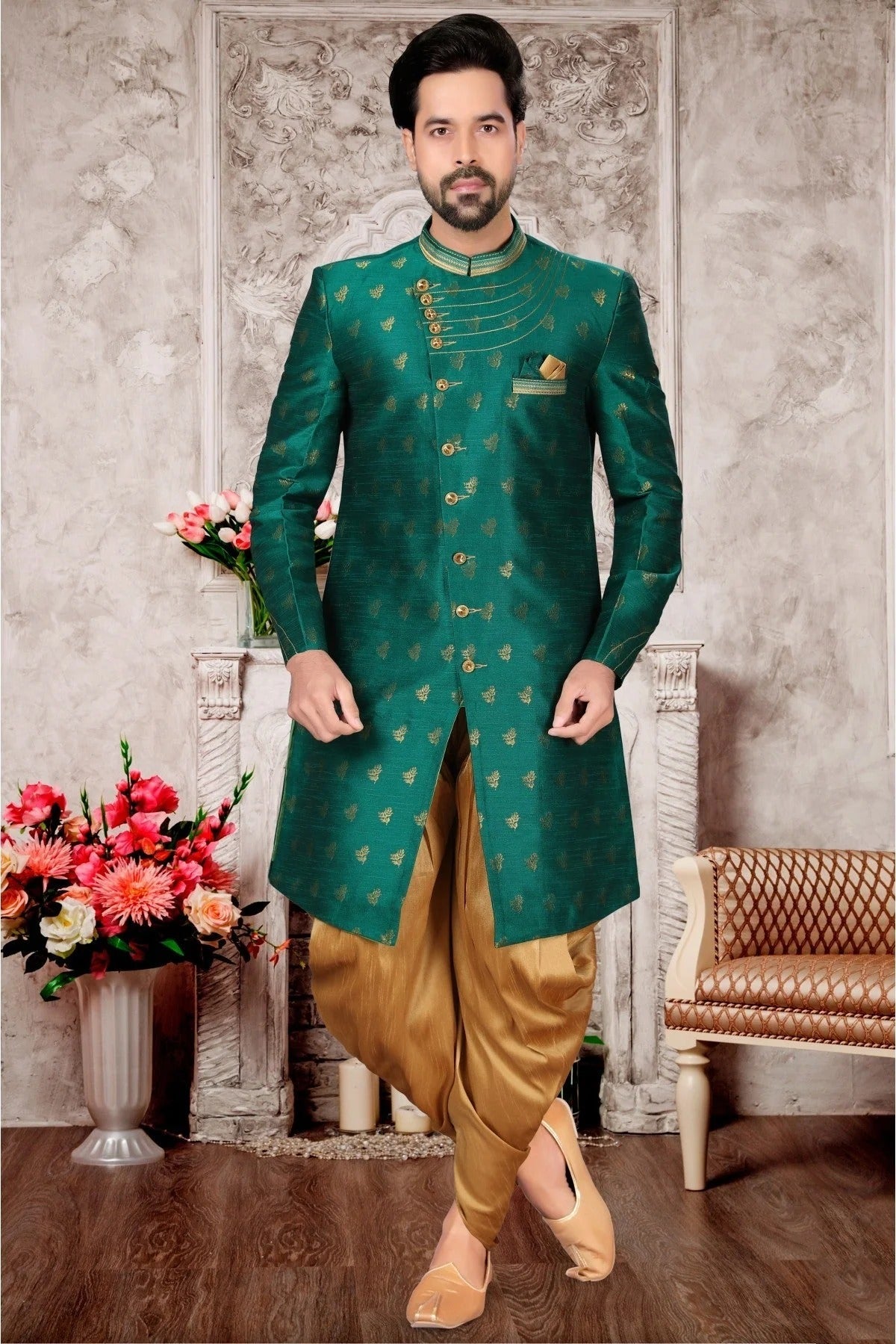 Green Colour Jacquard Dhoti Sherwani SH1040303