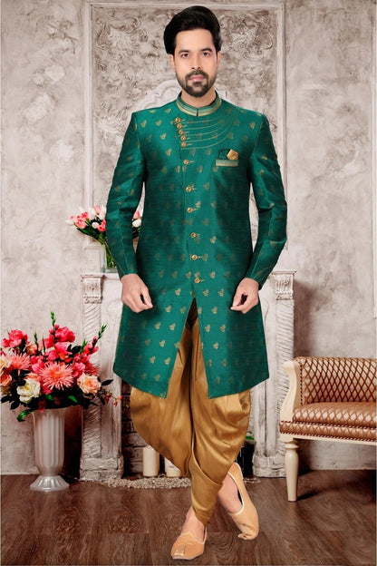 Green Colour Jacquard Dhoti Sherwani SH1040303