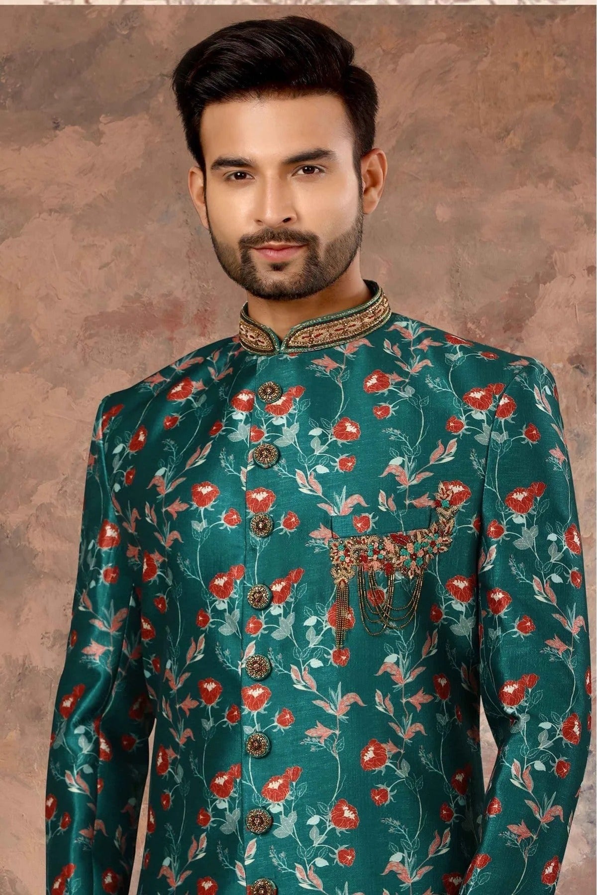 Green Colour Jacquard Digital Print Sherwani SH1040320 A
